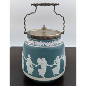 Antique Teal Carlton Ware Classical Dancing Hours Motif Biscuit Barrel Jar Rare